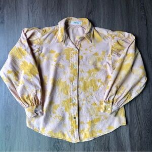Self Contrast Blouse Women’s XS Pink Yellow Linen Blend Puff Sleeve Button Shirt